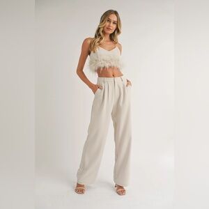 Elegant Beige Feather Women's Pants Set